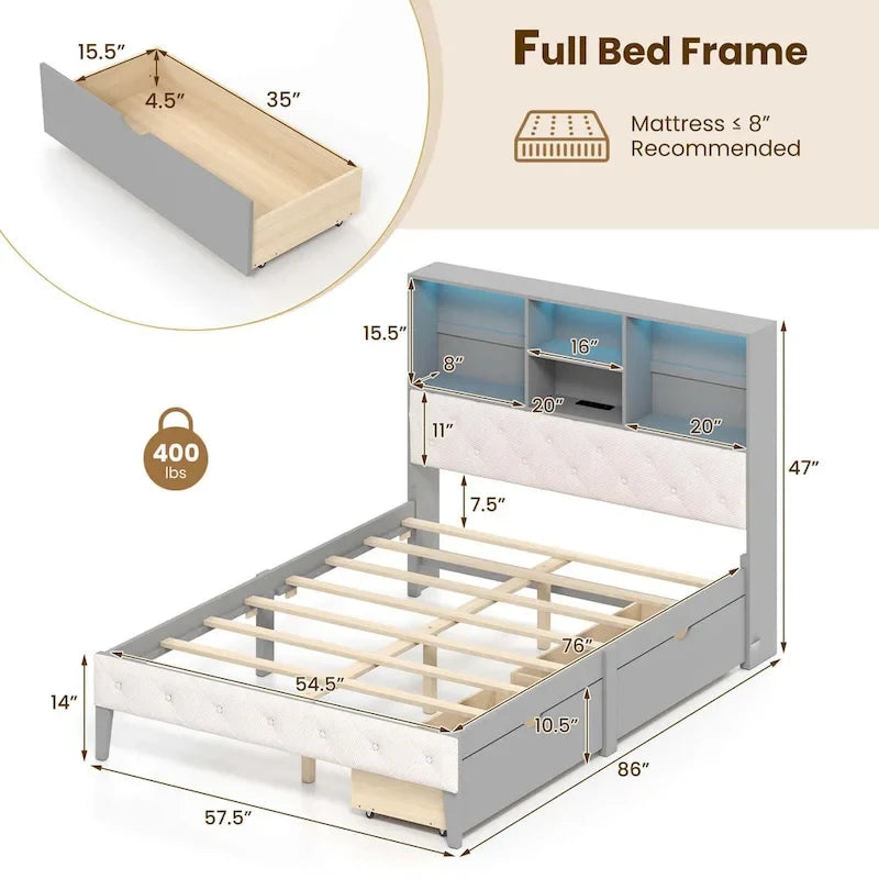 Costway Full Size Bed Frame with Bookcase Headboard Storage Bed with