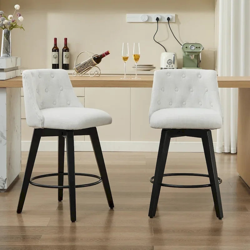 Tabourets de bar modernes pivotants en lin, avec dossier capitonné et cadre en bois massif