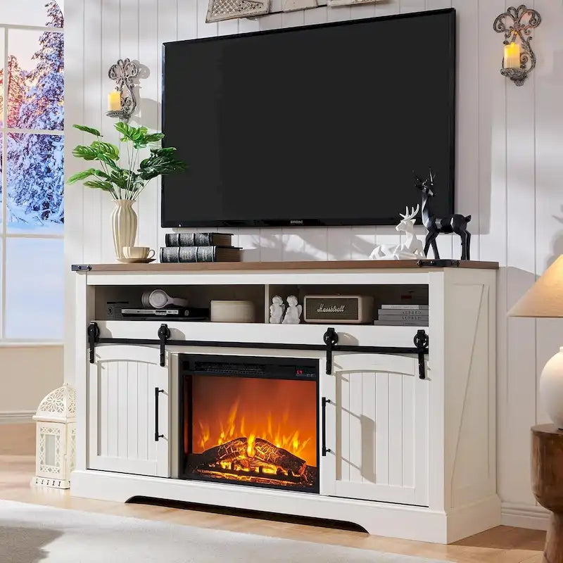 Meuble TV de ferme avec cheminée électrique, meuble de divertissement avec portes cintrées