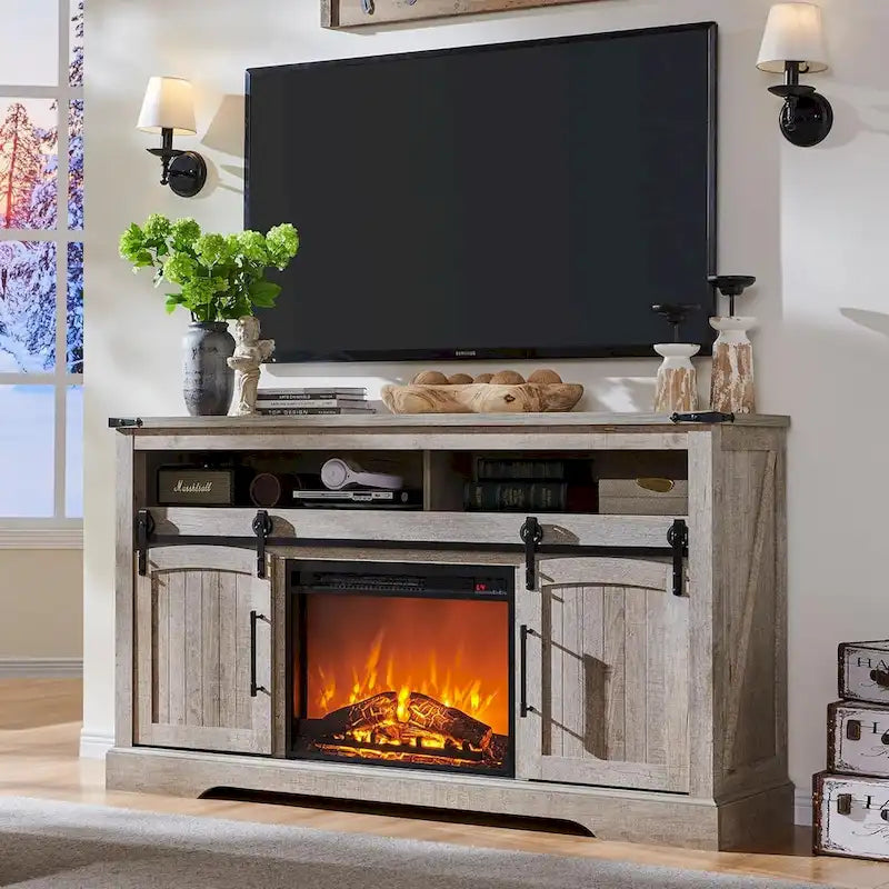 Meuble TV de ferme avec cheminée électrique, meuble de divertissement avec portes cintrées