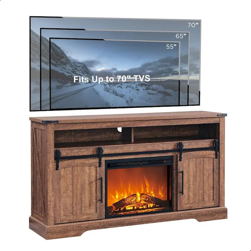 Meuble TV de ferme avec cheminée électrique, meuble de divertissement avec portes cintrées