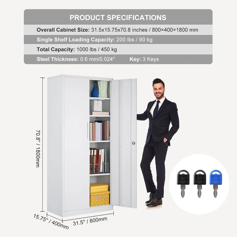 75 Inch Locking Metal Storage Cabinet with 4 Adjustable Shelves and 2 Magnetic Doors