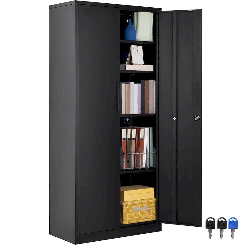 75 Inch Locking Metal Storage Cabinet with 4 Adjustable Shelves and 2 Magnetic Doors