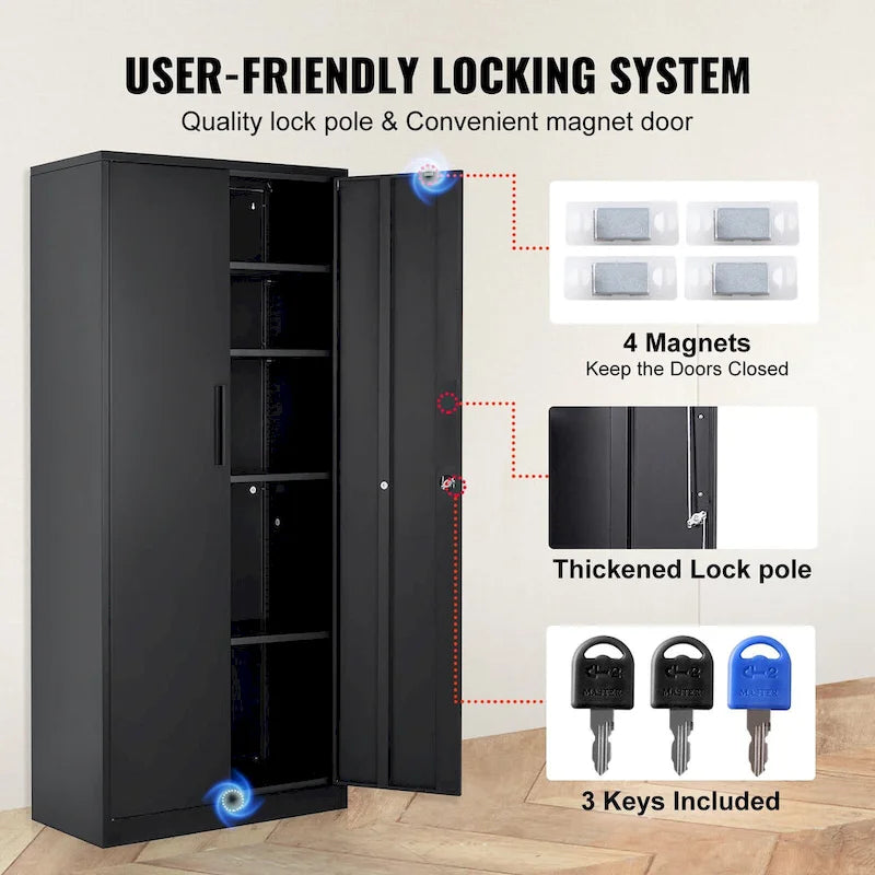 75 Inch Locking Metal Storage Cabinet with 4 Adjustable Shelves and 2 Magnetic Doors