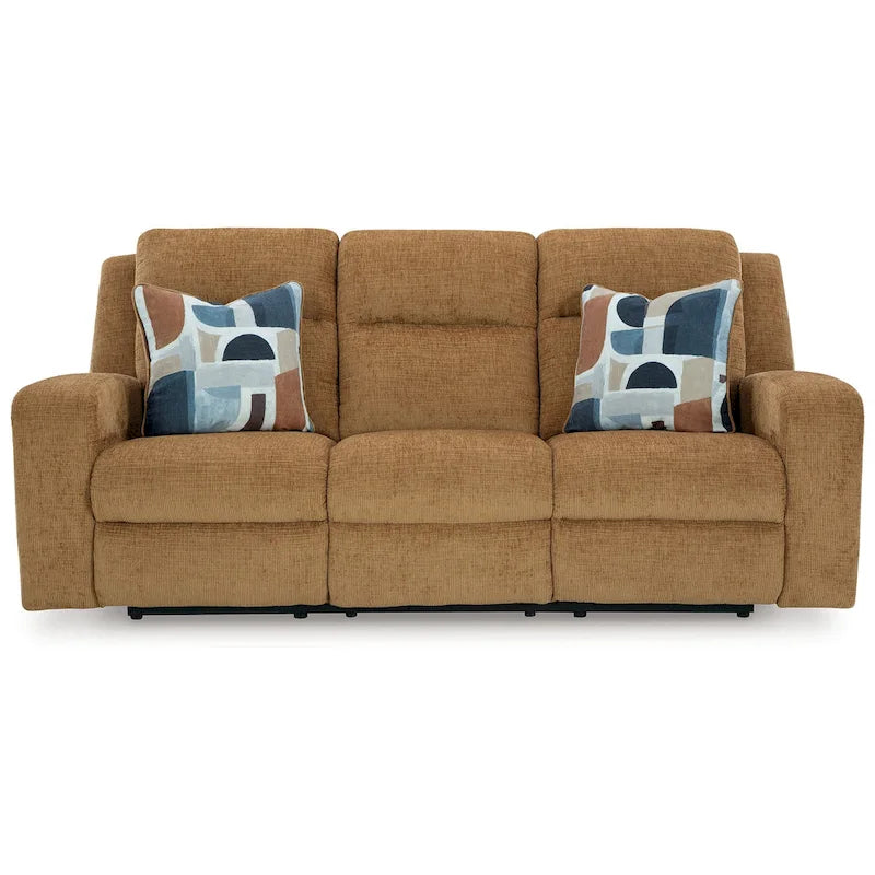 Damon Manual Reclining Sofa, Camel Brown Polyester, 2 Pillows, 86 Inch