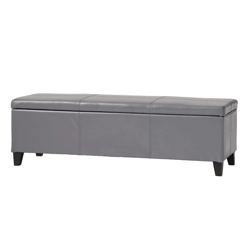 Elias Storage Ottoman Bench, Gray Faux Leather, Stitch Detail, 51 Inch