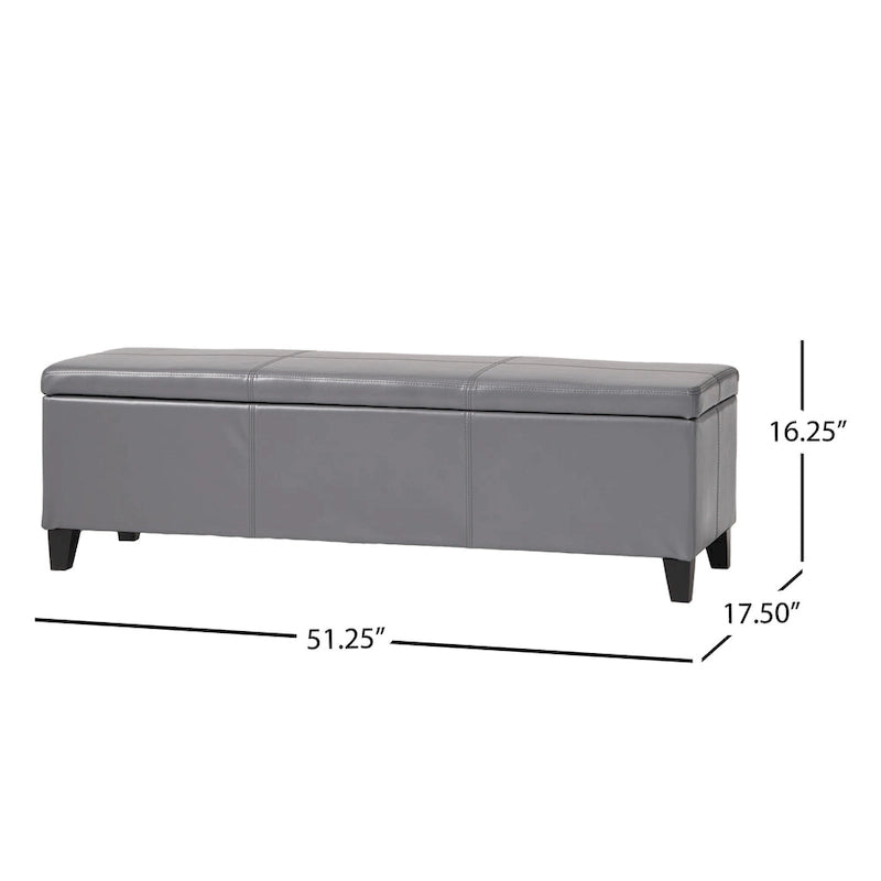 Elias Storage Ottoman Bench, Gray Faux Leather, Stitch Detail, 51 Inch
