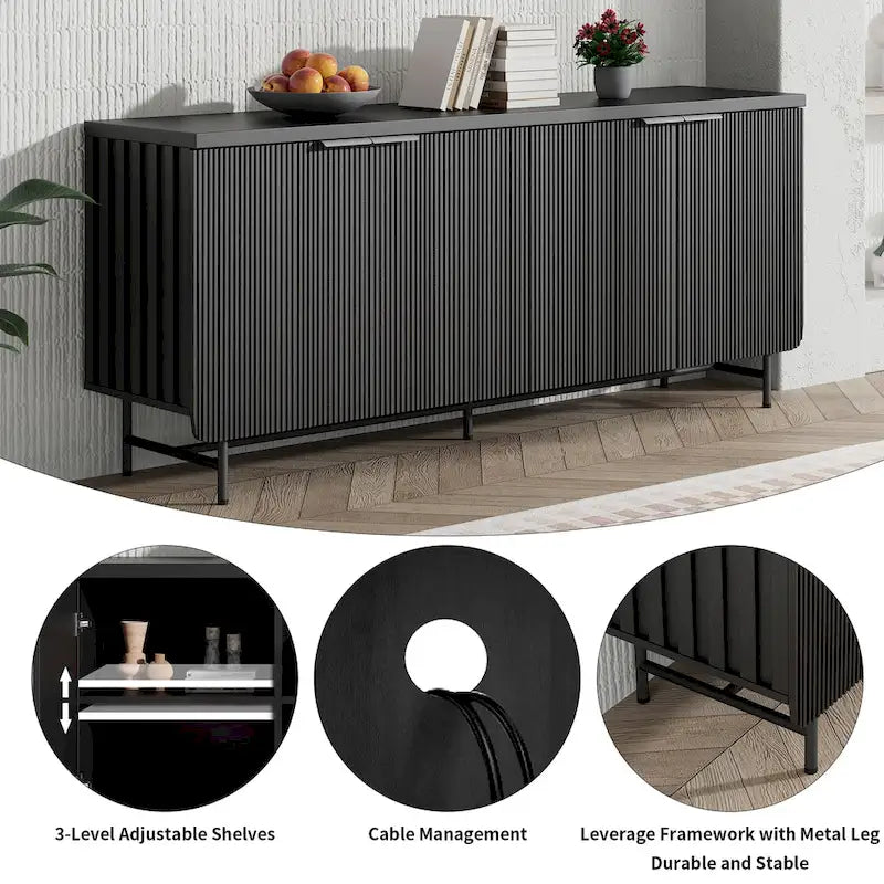 68 Mid-century TV Stand Entertainment Center with Adjustable Shelves 4 Doors