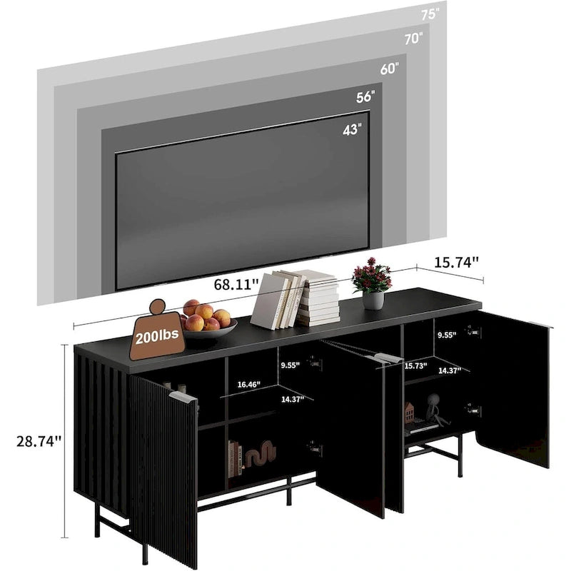 68 Mid-century TV Stand Entertainment Center with Adjustable Shelves 4 Doors