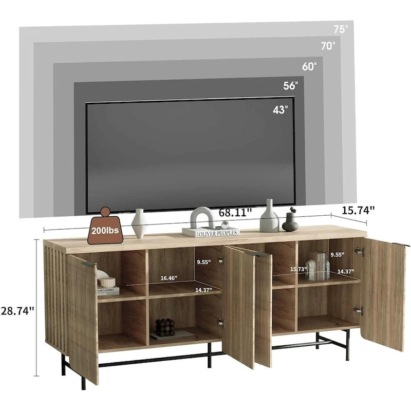 68 Mid-century TV Stand Entertainment Center with Adjustable Shelves 4 Doors