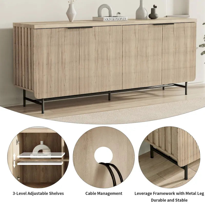 68 Mid-century TV Stand Entertainment Center with Adjustable Shelves 4 Doors