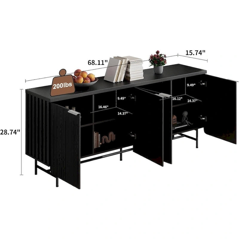 68 Mid-century TV Stand Entertainment Center with Adjustable Shelves 4 Doors