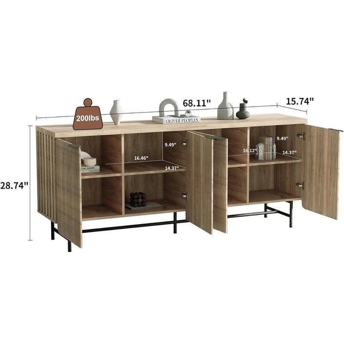 68 Mid-century TV Stand Entertainment Center with Adjustable Shelves 4 Doors