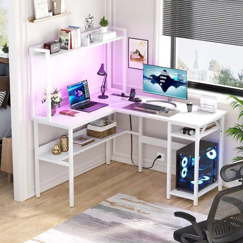 Bureau d'ordinateur en L avec étagère supérieure et étagères de rangement, table de jeu d'angle avec lumières LED
