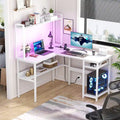 Bureau d'ordinateur en L avec étagère supérieure et étagères de rangement, table de jeu d'angle avec lumières LED