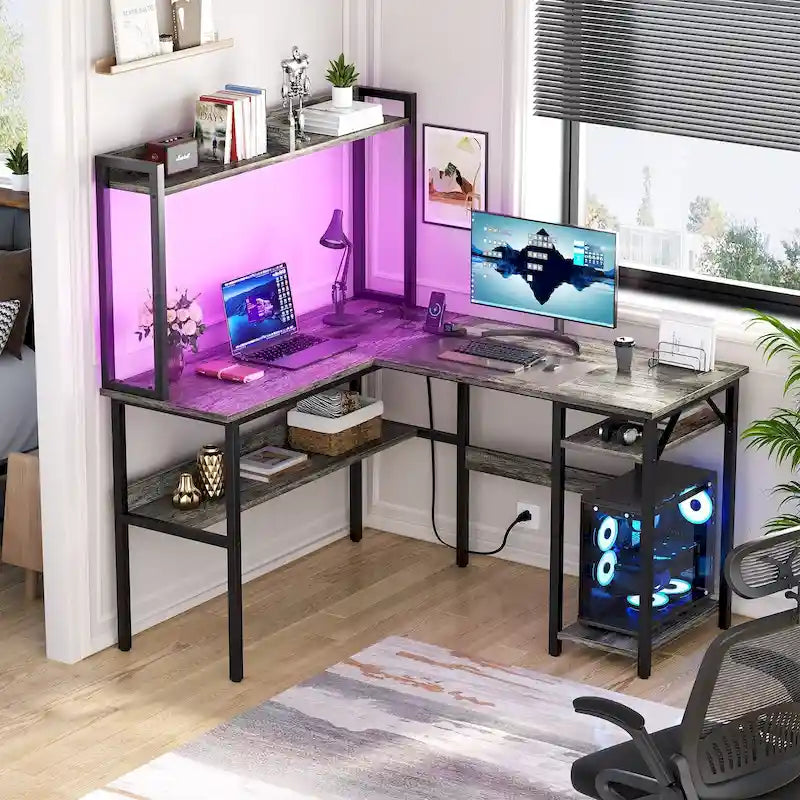 Bureau d'ordinateur en L avec étagère supérieure et étagères de rangement, table de jeu d'angle avec lumières LED