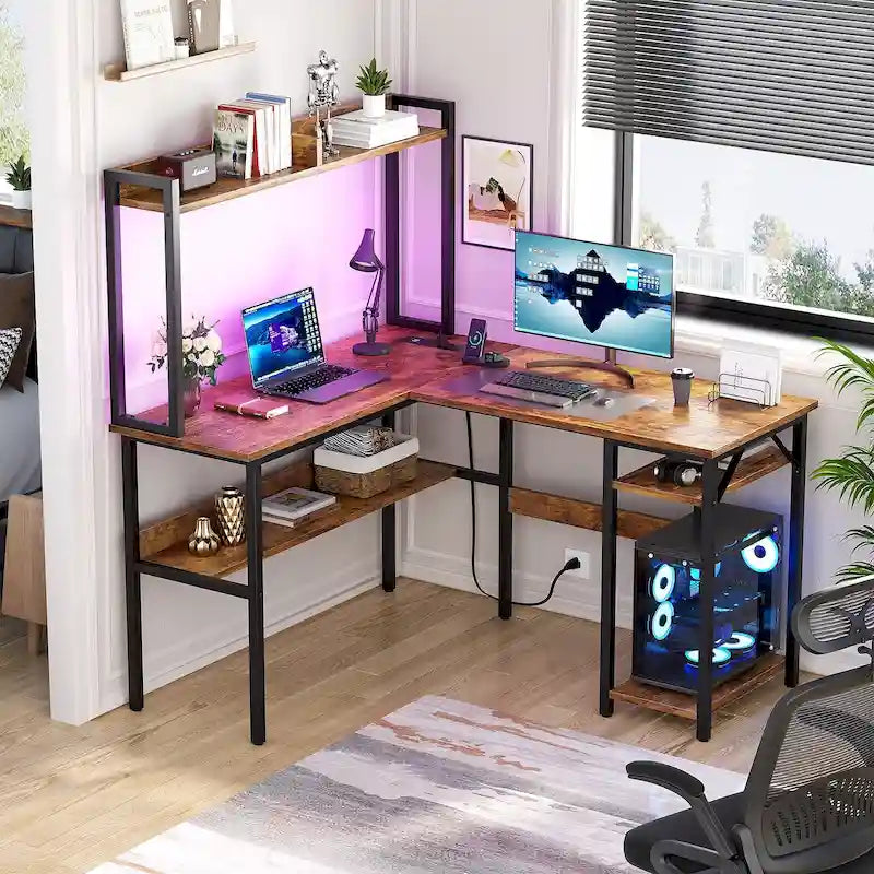 Bureau d'ordinateur en L avec étagère supérieure et étagères de rangement, table de jeu d'angle avec lumières LED