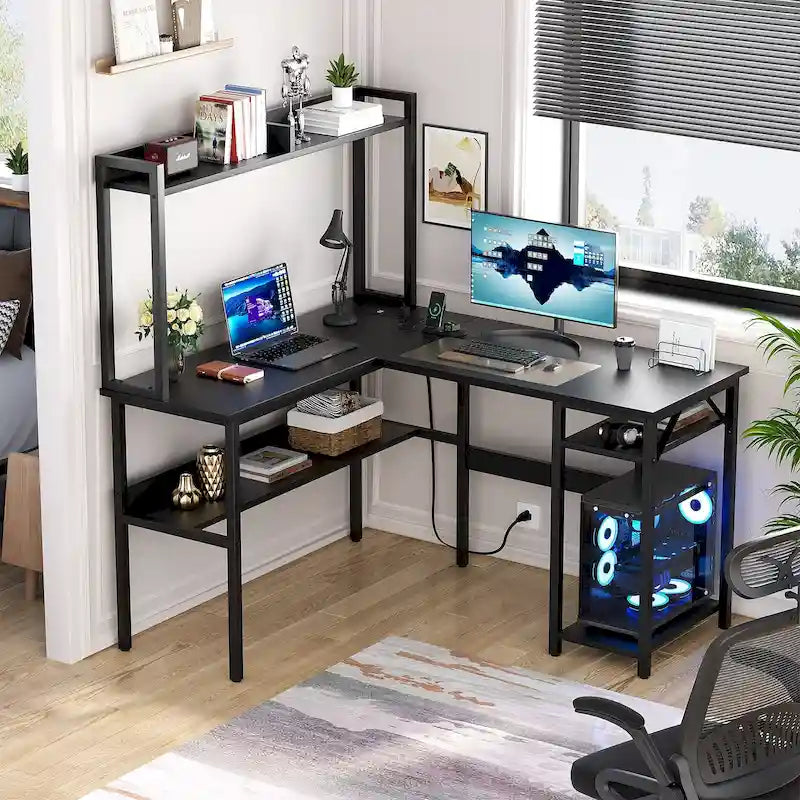 Bureau d'ordinateur en L avec étagère supérieure et étagères de rangement, table de jeu d'angle avec lumières LED