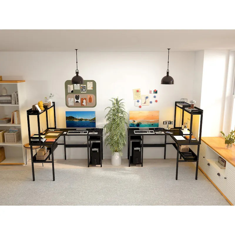 Bureau d'ordinateur en L avec étagère supérieure et étagères de rangement, table de jeu d'angle avec lumières LED