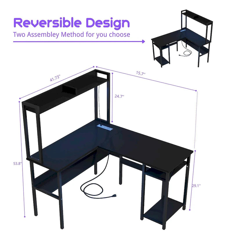 Bureau d'ordinateur en L avec étagère supérieure et étagères de rangement, table de jeu d'angle avec lumières LED