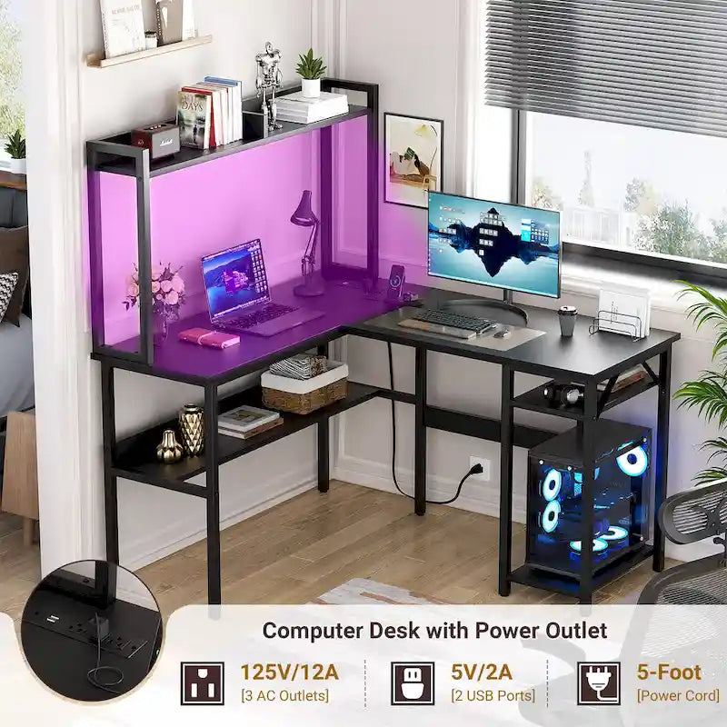 Bureau d'ordinateur en L avec étagère supérieure et étagères de rangement, table de jeu d'angle avec lumières LED