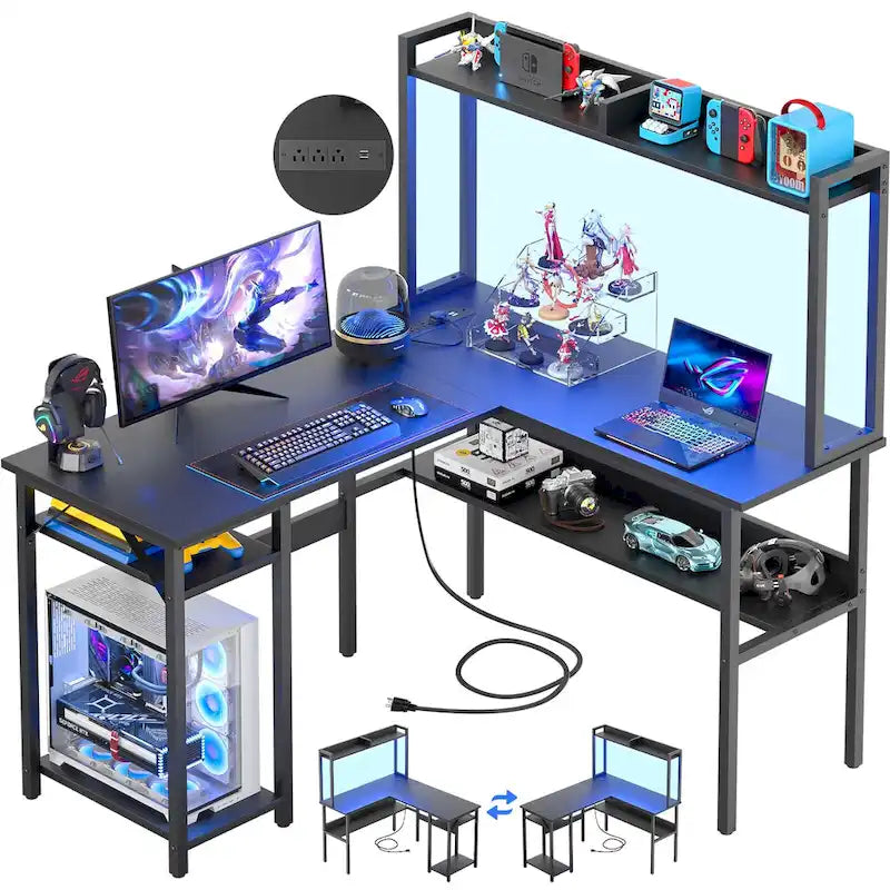 Bureau d'ordinateur en L avec étagère supérieure et étagères de rangement, table de jeu d'angle avec lumières LED