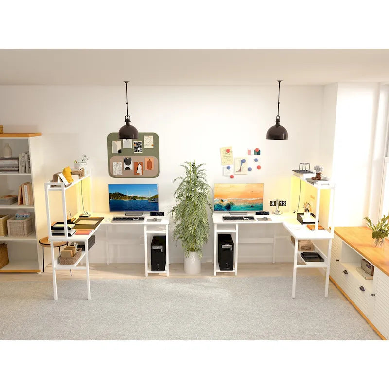Bureau d'ordinateur en L avec étagère supérieure et étagères de rangement, table de jeu d'angle avec lumières LED