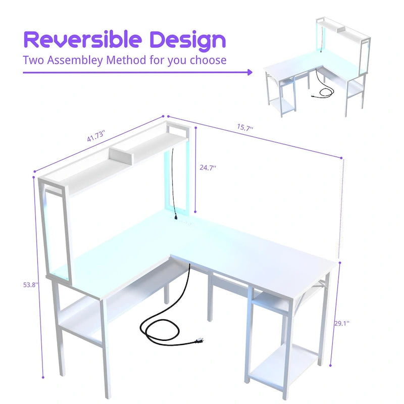 Bureau d'ordinateur en L avec étagère supérieure et étagères de rangement, table de jeu d'angle avec lumières LED