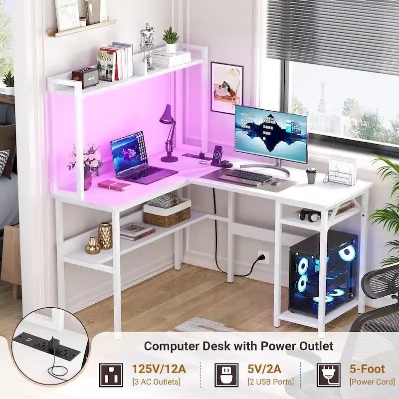 Bureau d'ordinateur en L avec étagère supérieure et étagères de rangement, table de jeu d'angle avec lumières LED