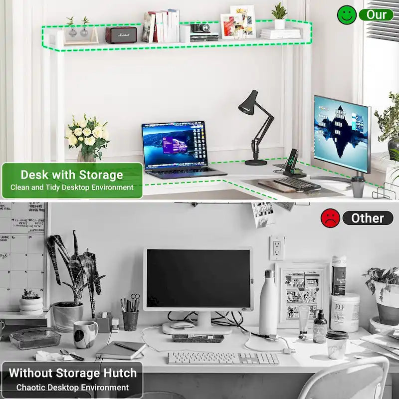 Bureau d'ordinateur en L avec étagère supérieure et étagères de rangement, table de jeu d'angle avec lumières LED
