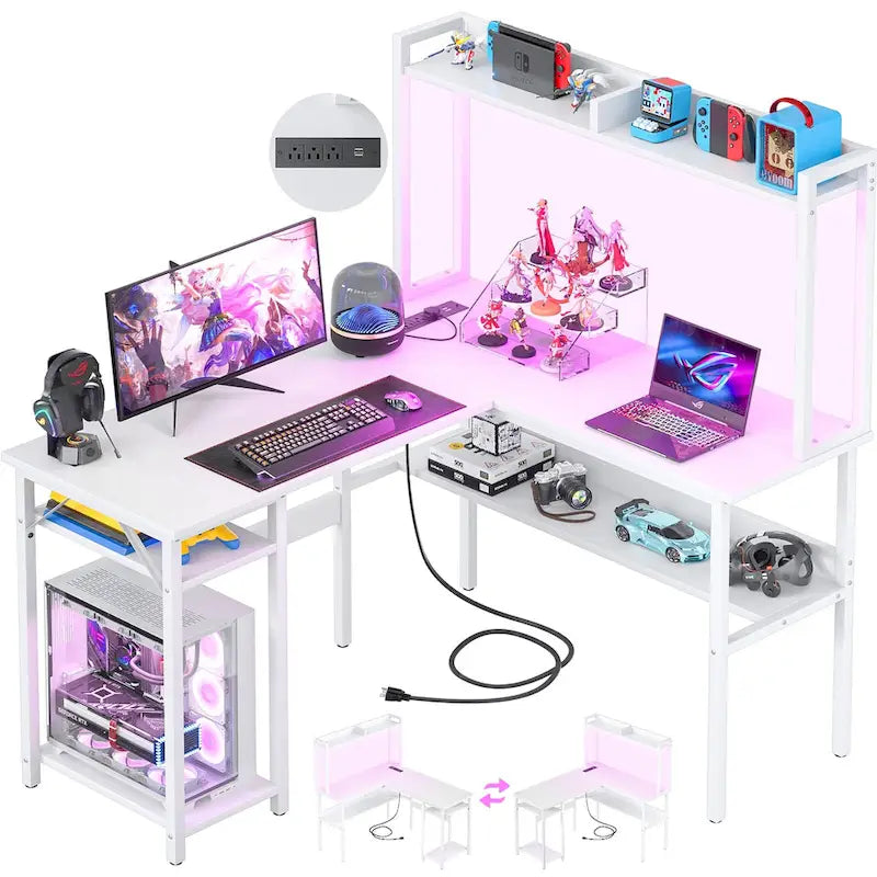 Bureau d'ordinateur en L avec étagère supérieure et étagères de rangement, table de jeu d'angle avec lumières LED