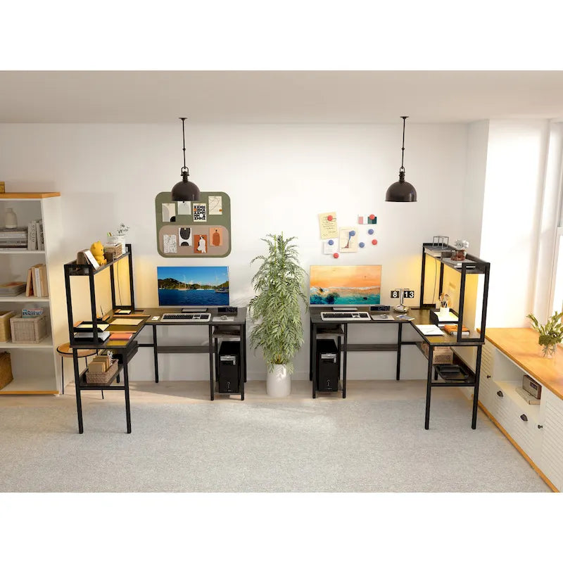 Bureau d'ordinateur en L avec étagère supérieure et étagères de rangement, table de jeu d'angle avec lumières LED