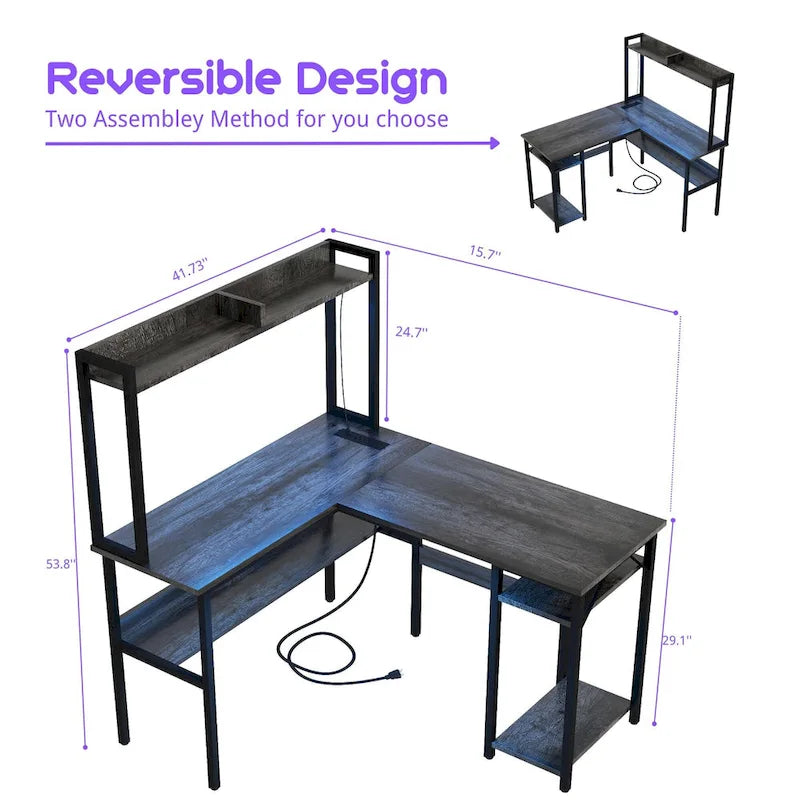 Bureau d'ordinateur en L avec étagère supérieure et étagères de rangement, table de jeu d'angle avec lumières LED