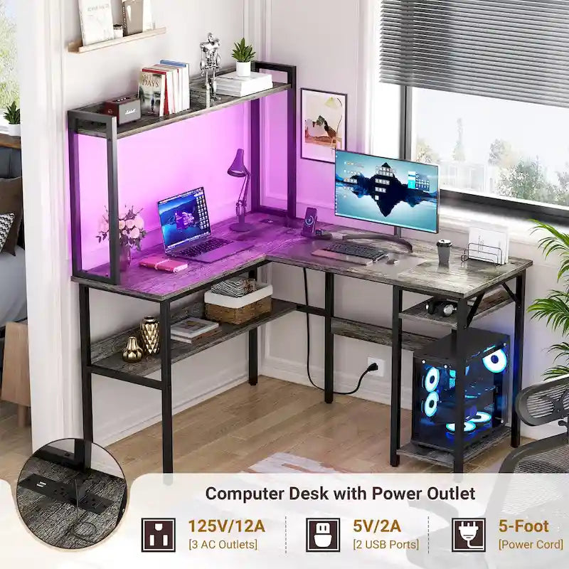 Bureau d'ordinateur en L avec étagère supérieure et étagères de rangement, table de jeu d'angle avec lumières LED