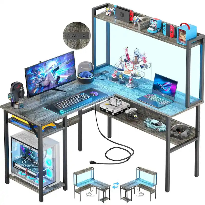 Bureau d'ordinateur en L avec étagère supérieure et étagères de rangement, table de jeu d'angle avec lumières LED