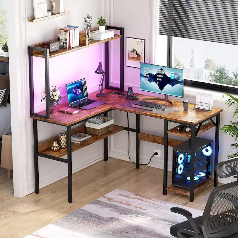 Bureau d'ordinateur en L avec étagère supérieure et étagères de rangement, table de jeu d'angle avec lumières LED
