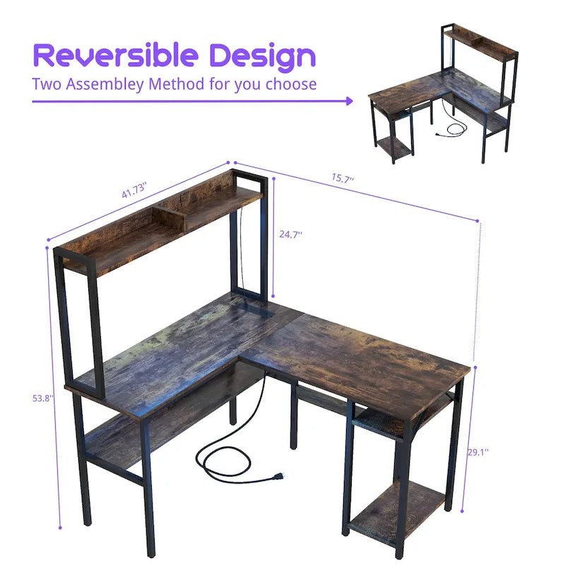 Bureau d'ordinateur en L avec étagère supérieure et étagères de rangement, table de jeu d'angle avec lumières LED