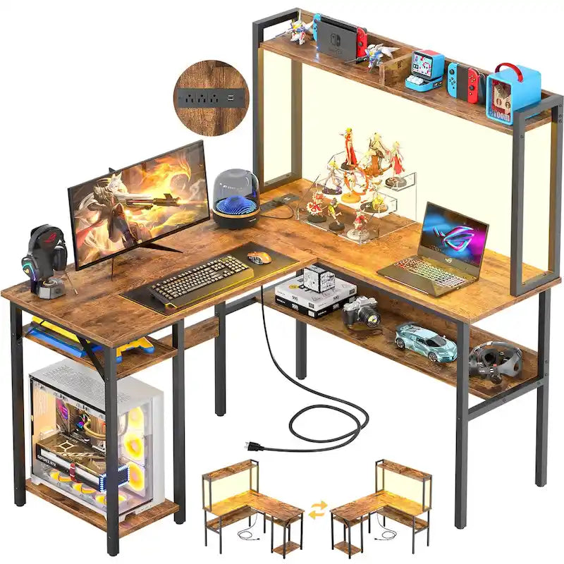 Bureau d'ordinateur en L avec étagère supérieure et étagères de rangement, table de jeu d'angle avec lumières LED