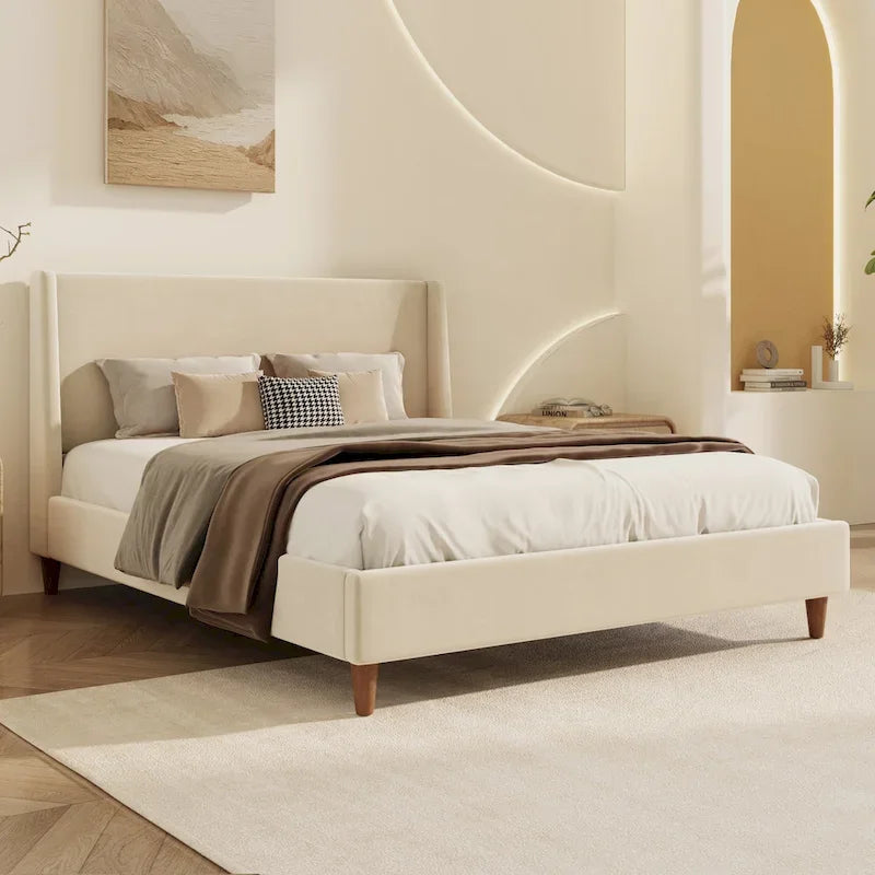 Luxurious Velvet Upholstered Platform Bed with Stylish Headboard