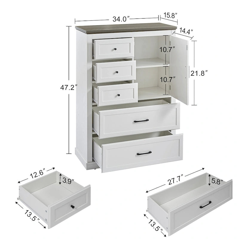 Commode haute à 5 tiroirs, style Ferme