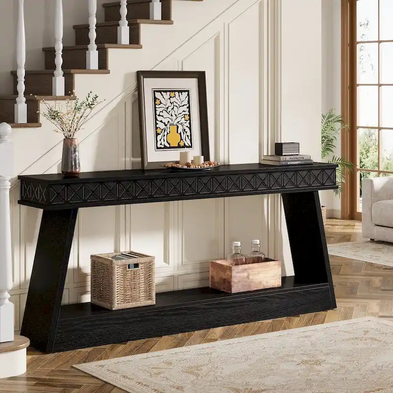 Farmhouse 2-Tier Console Table for Entryway, Living Room, Hallway, Foyer - 70.87 D x 11.81 W x 31.5 H