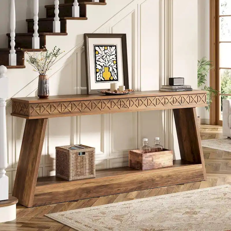 Farmhouse 2-Tier Console Table for Entryway, Living Room, Hallway, Foyer - 70.87 D x 11.81 W x 31.5 H