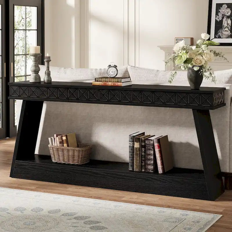Farmhouse 2-Tier Console Table for Entryway, Living Room, Hallway, Foyer - 70.87 D x 11.81 W x 31.5 H