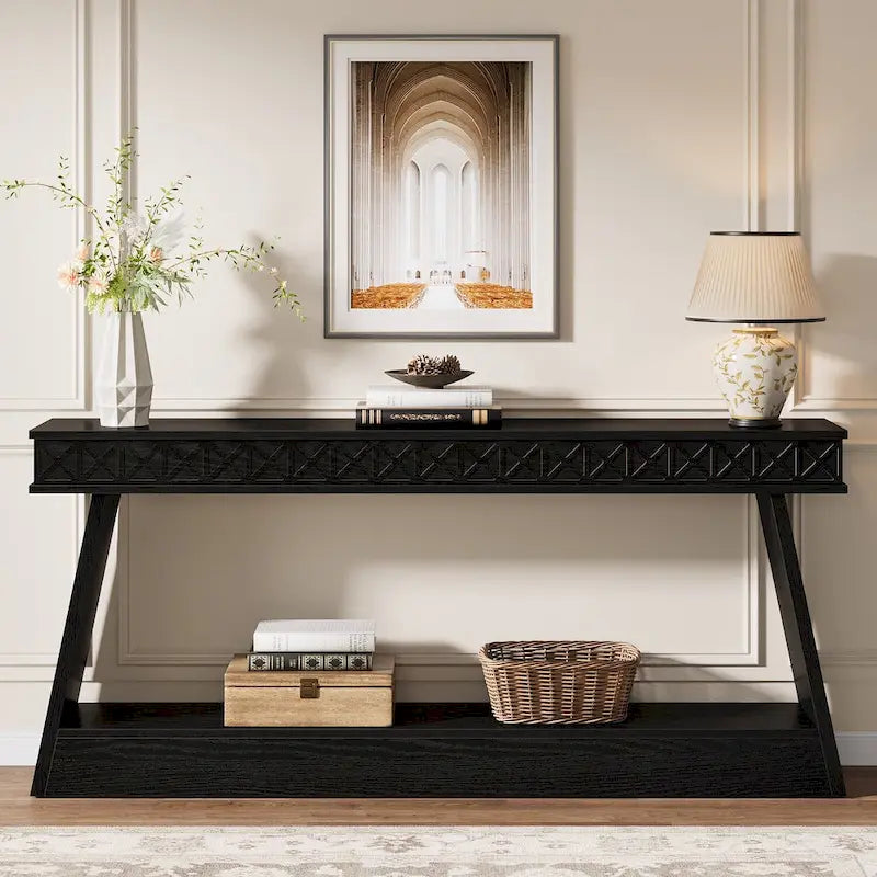 Farmhouse 2-Tier Console Table for Entryway, Living Room, Hallway, Foyer - 70.87 D x 11.81 W x 31.5 H