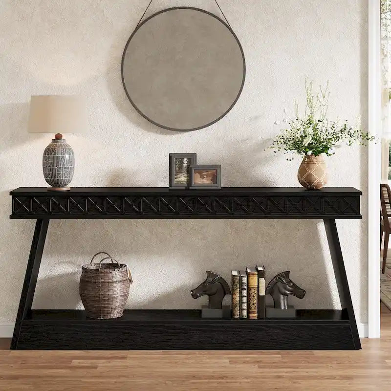Farmhouse 2-Tier Console Table for Entryway, Living Room, Hallway, Foyer - 70.87 D x 11.81 W x 31.5 H