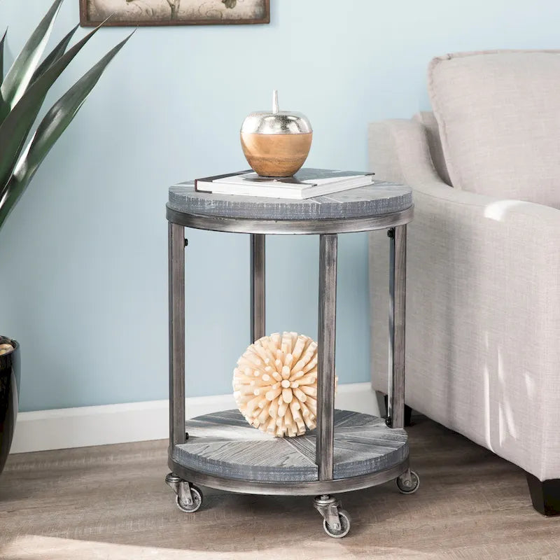 SEI Furniture Kenya Industrial Brown Wood Round Side Table with Shelf