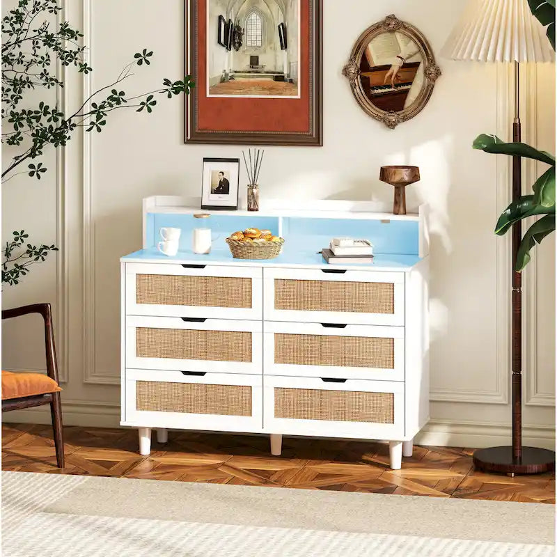 6-Drawers Rattan Accent Cabinet with LED Lights and Power Outlet, White