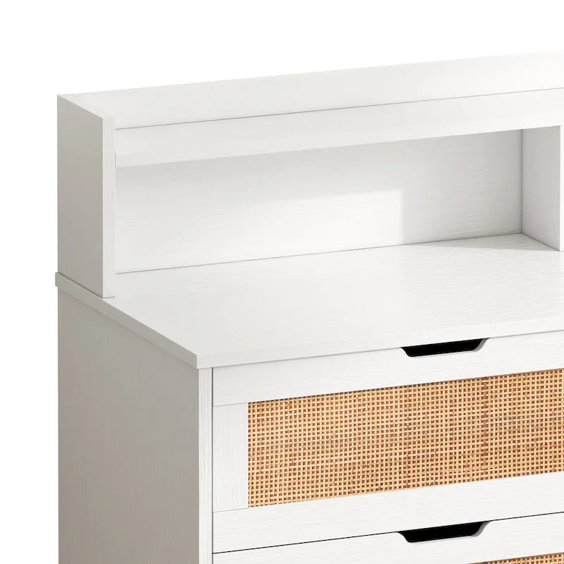 6-Drawers Rattan Accent Cabinet with LED Lights and Power Outlet, White