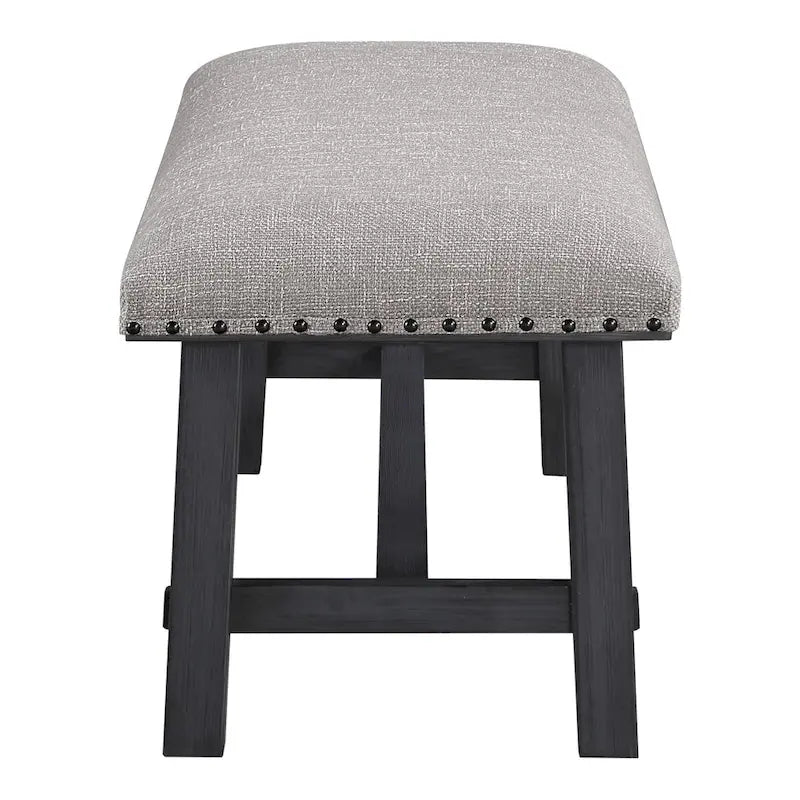 OS Home and Office Furniture Callen Bench with Antique Grey Frame and Antique Bronze Nailhead Trim in Grey Fabric