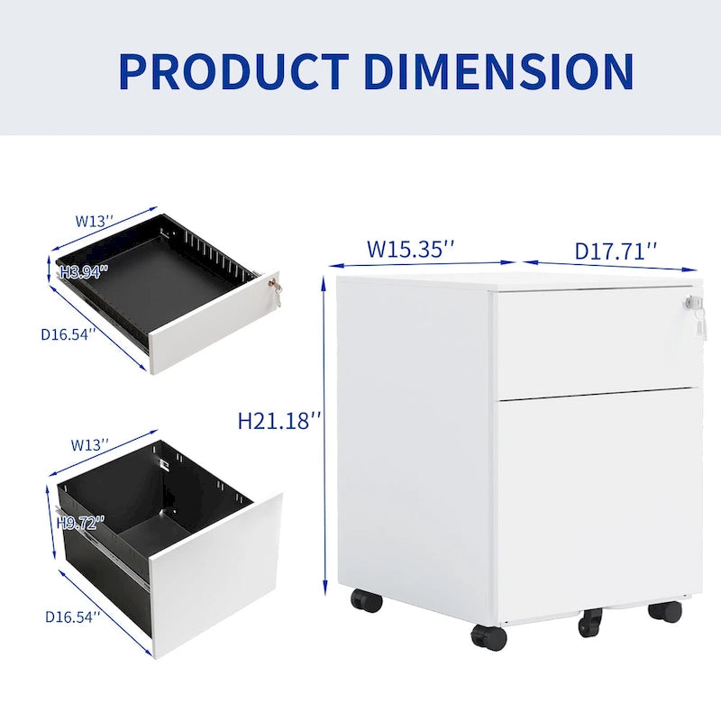 2 Drawer Mobile File Cabinet with Lock Steel File Cabinet for Legal/Letter/A4/F4 Size